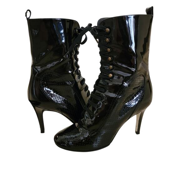 CHANEL Shoes - Chanel Vintage 2007 Patent Leather Lace-Up Heeled Ankle Boots Black 37.5 US 7